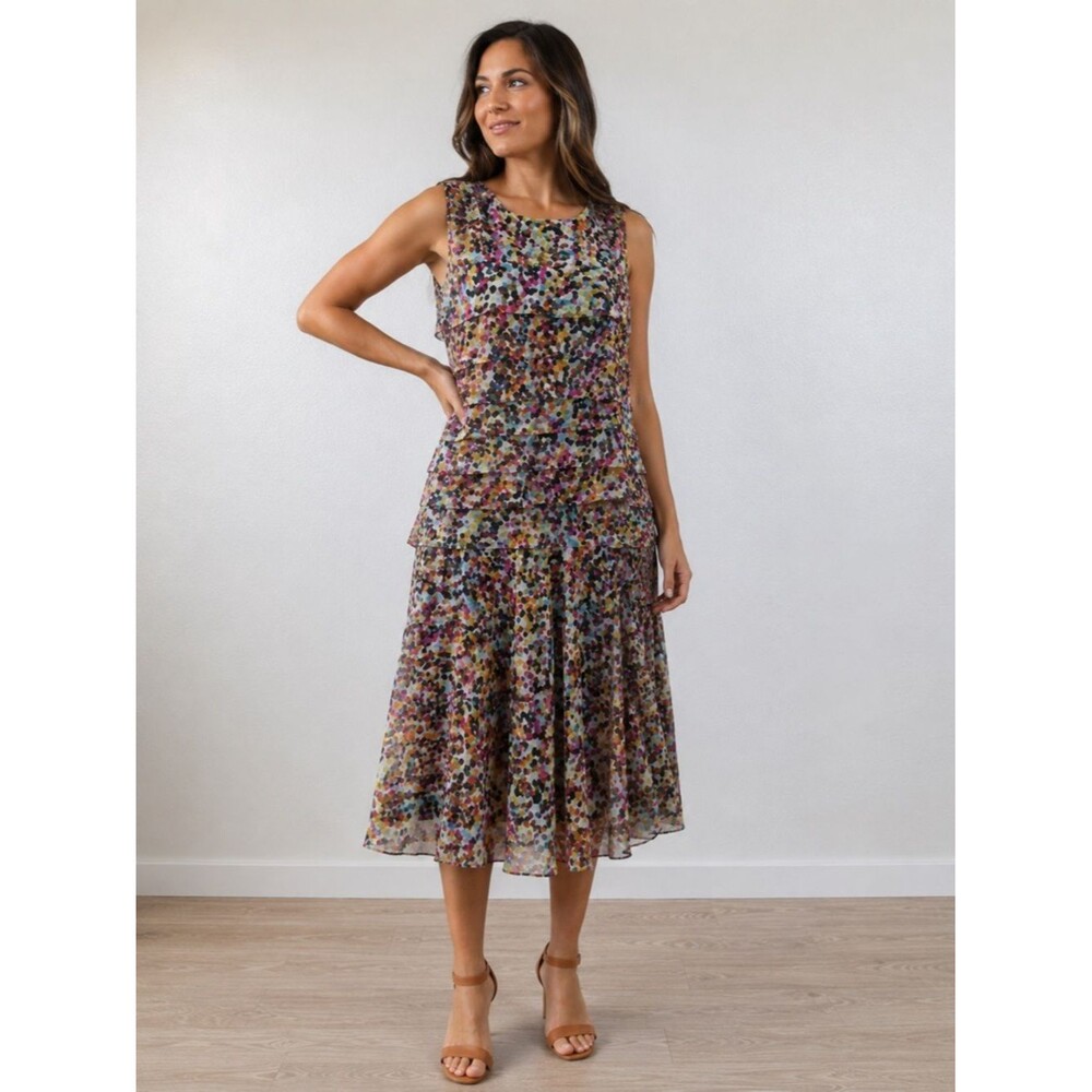 ILE New York Dress Womens 12 Multicolor Confetti Print Tiered Mesh Sleeveless Pl
